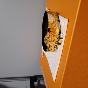 Gold and Black Versace Medusa Buckle Belt